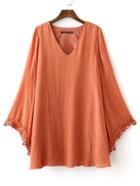 Romwe Orange V Neck Batwing Sleeve Cutout Back Dress
