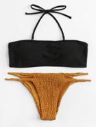 Romwe Two Tone Shirred Bikini Set