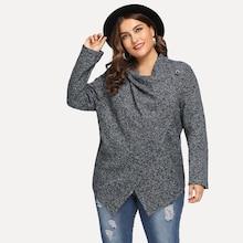 Romwe Plus Button Detail Waterfall Sweater Coat