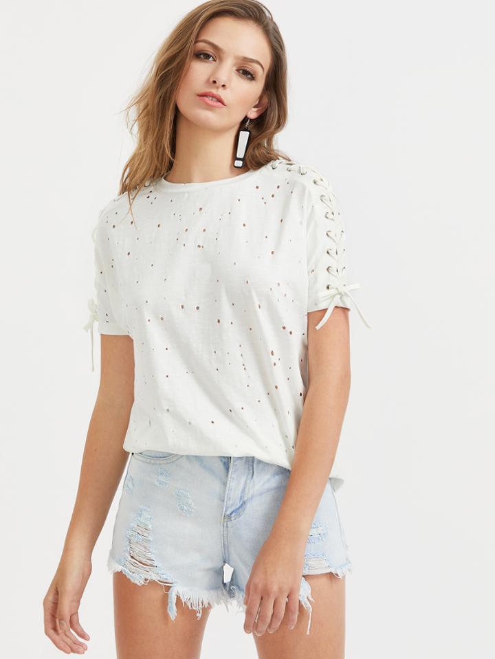 Romwe Lace Up Sleeve Hollow Out Slub Tee