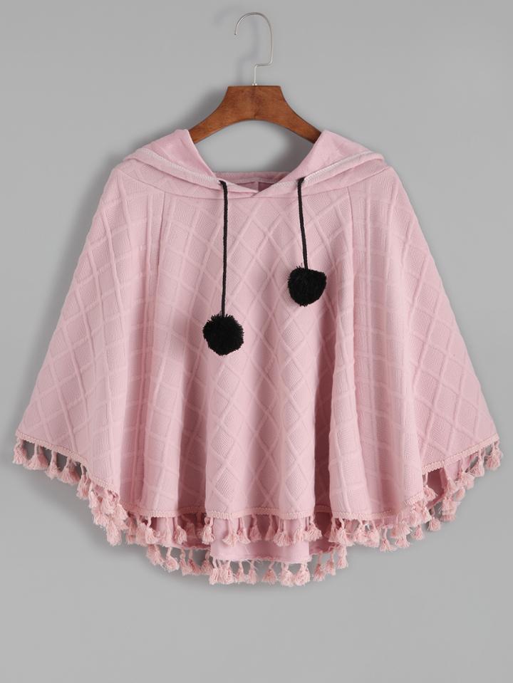 Romwe Pink Hooded Plaid Embossed Fringe Hem Poncho Coat