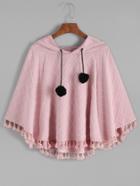 Romwe Pink Hooded Plaid Embossed Fringe Hem Poncho Coat