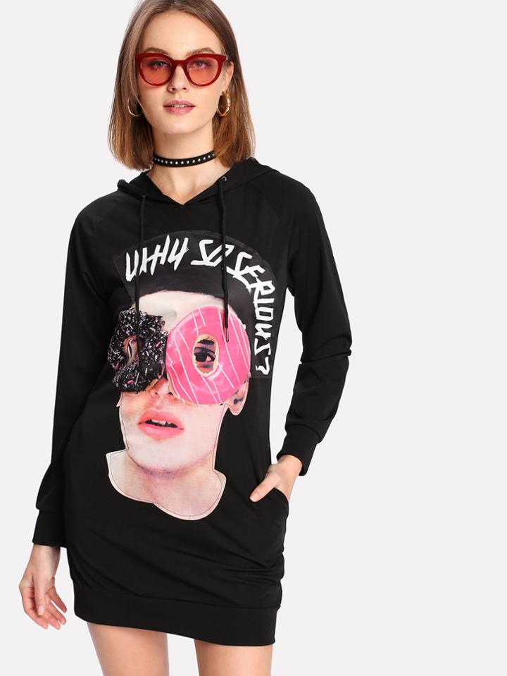 Romwe Letter Print Back Hoodie Dress