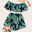 Romwe Tropical Off Shoulder Top With Shorts