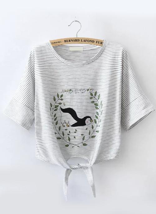 Romwe Striped Penguin Print Knotted Grey T-shirt