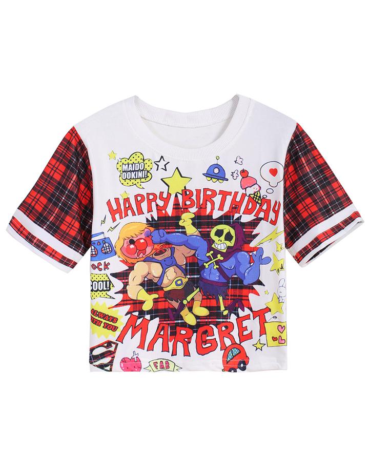 Romwe Cartoon Check Print Crop T-shirt