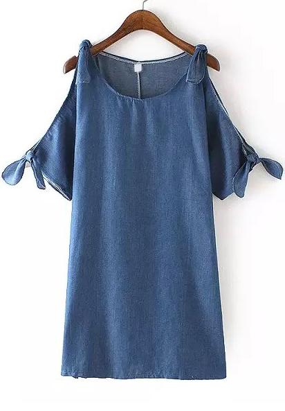 Romwe Open Shoulder Knotted Denim Dress
