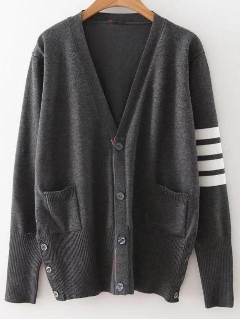 Romwe Dark Grey Striped Sleeve Button Up Cardigan