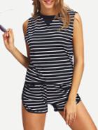 Romwe Striped Tank Top With Elastic Waist Shorts