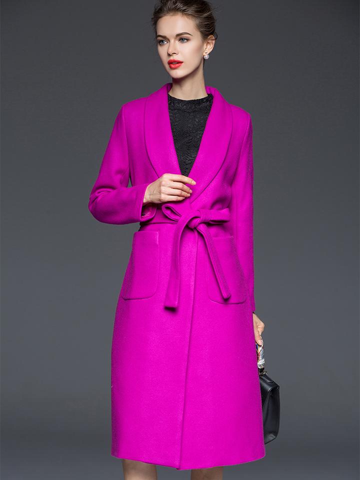 Romwe Purple V Neck Long Sleeve Tie-waist Pockets Coat
