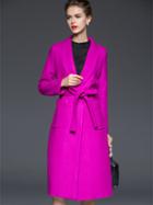 Romwe Purple V Neck Long Sleeve Tie-waist Pockets Coat
