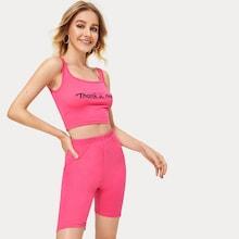 Romwe Letter Print Crop Top With Cycling Shorts Set