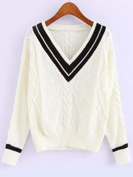 Romwe V Neck Striped Cable Knit White Sweater