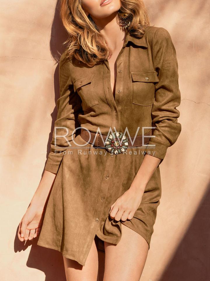 Romwe Camel Long Sleeve Lapel Pockets Dress