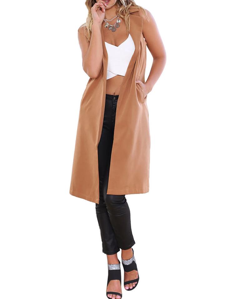 Romwe Lapel Pockets Long Khaki Vest
