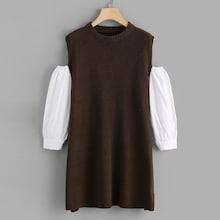 Romwe Cold Shoulder Colorblock Longline Sweater