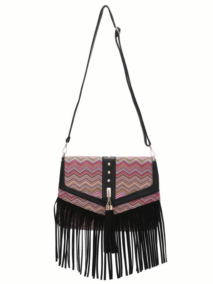 Romwe Black Pink Braided Fringe Cross Body Bag