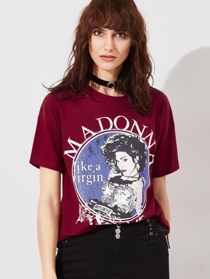 Romwe Burgundy Graphic Print Short Sleeve T-shirt