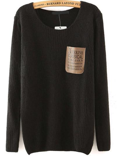 Romwe Letter Print Pocket Black Sweater