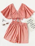 Romwe Plunging V-neckline Knot Back Crop Top With Shorts