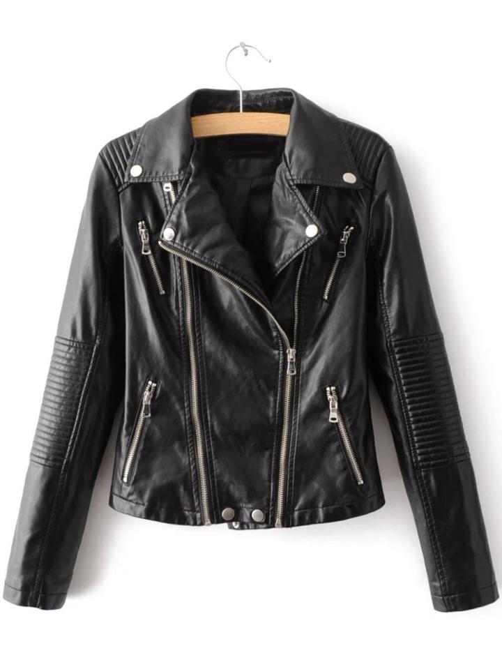 Romwe Black Lapel Zipper Embellished Pu Jacket