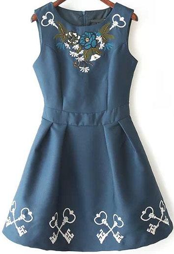 Romwe Blue Sleeveless Embroidered Floral Puff Dress