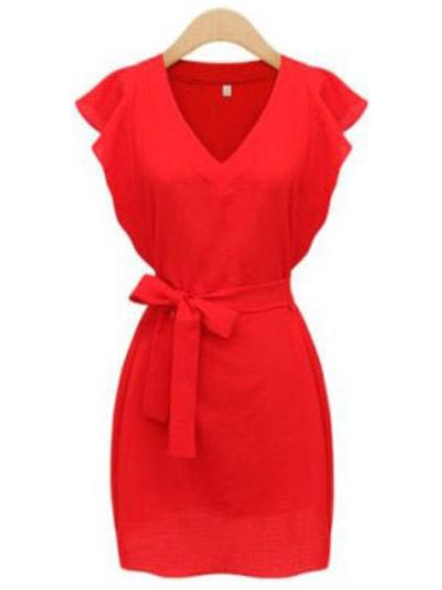Romwe Red V Neck Ruffle Sleeve Self-tie Dress