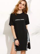 Romwe Black Letter Print High Slit T-shirt Dress