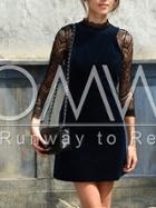 Romwe Navy Round Neck With Lace Dress