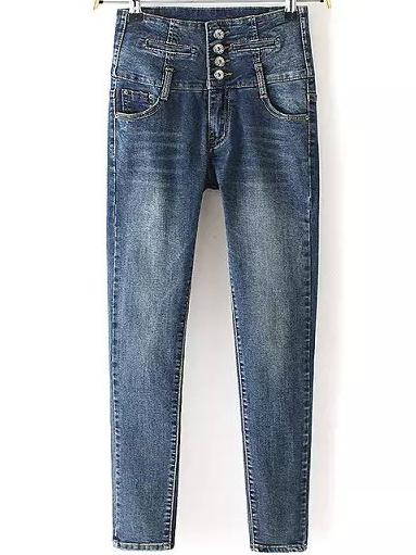 Romwe High Waist Buttons Denim Slim Pant