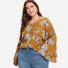 Romwe Plus Fluted Sleeve Floral Blouse