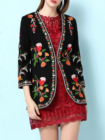 Romwe Black Flowers Embroidered Coat