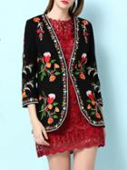 Romwe Black Flowers Embroidered Coat