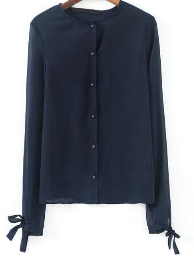 Romwe Black Chiffon Blouse With Bow Embellished Cuffs