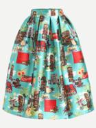 Romwe Multicolor Printed Box Pleated Volume Skirt
