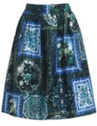Romwe Vintage Print Flare Blue Skirt