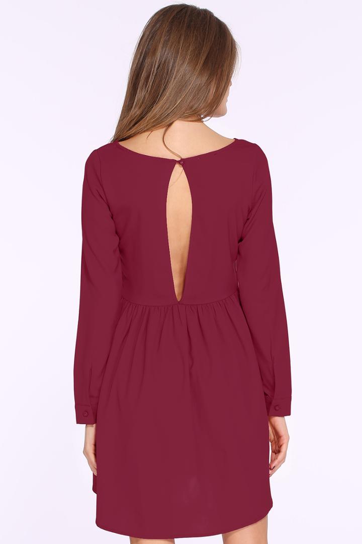 Romwe Wine Red Long Sleeve Keyhole Pleated Dress