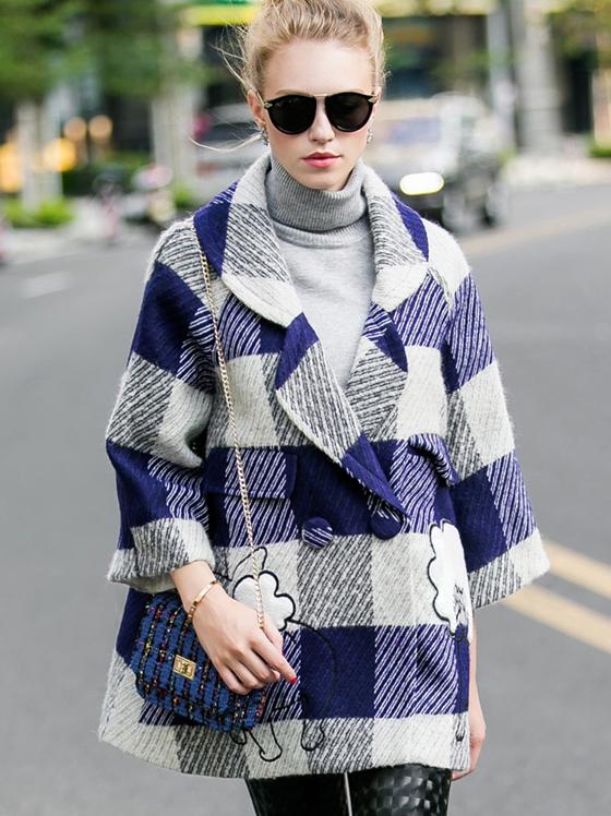 Romwe Blue Lapel Length Sleeve Embroidered Coat