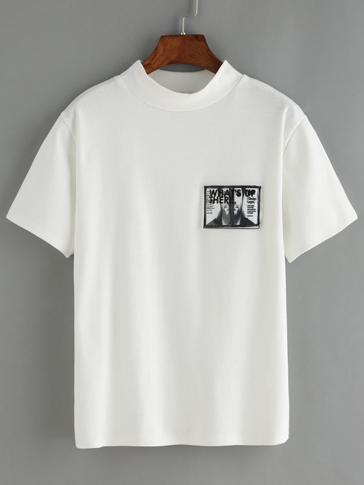 Romwe Crew Neck Patch White T-shirt