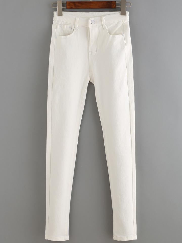 Romwe Women Denim Slim White Pant