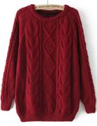 Romwe Red Long Sleeve Cable Knit Loose Sweater