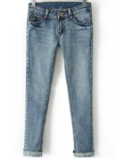 Romwe Cuffed Rivet Denim Pant