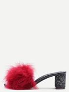 Romwe Burgundy Feather Furry Slides Heeled Slippers