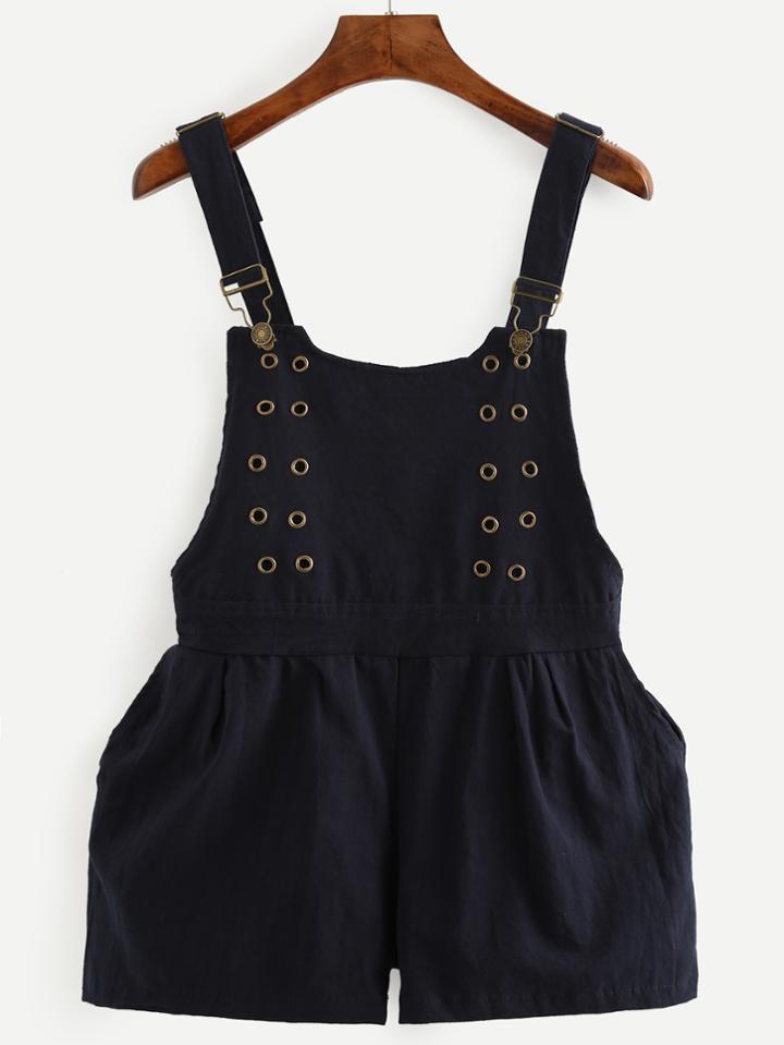 Romwe Navy Overall Shorts With Eyelet Detail