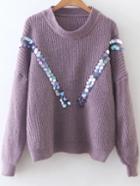 Romwe Purple Sequin Detail Drop Shoulder Sweater