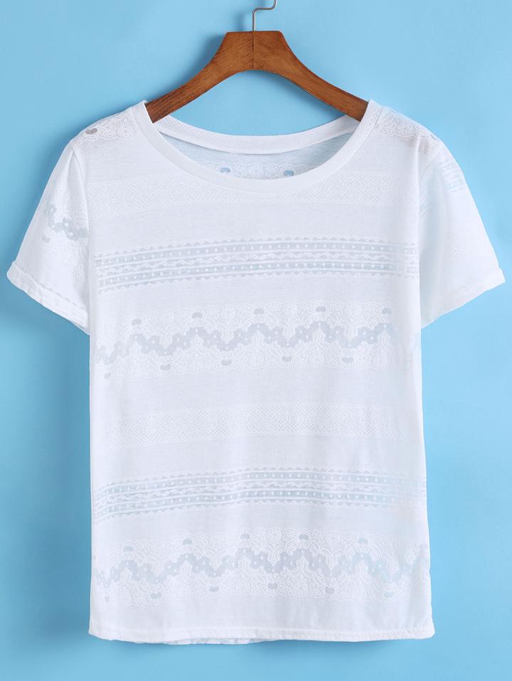 Romwe Round Neck Sheer Lace T-shirt