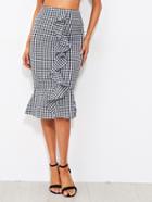 Romwe Gingham Frill Trim Fishtail Hem Skirt