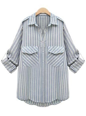 Romwe With Pockets Dip Hem Vertical Striped Blouse
