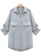 Romwe With Pockets Dip Hem Vertical Striped Blouse