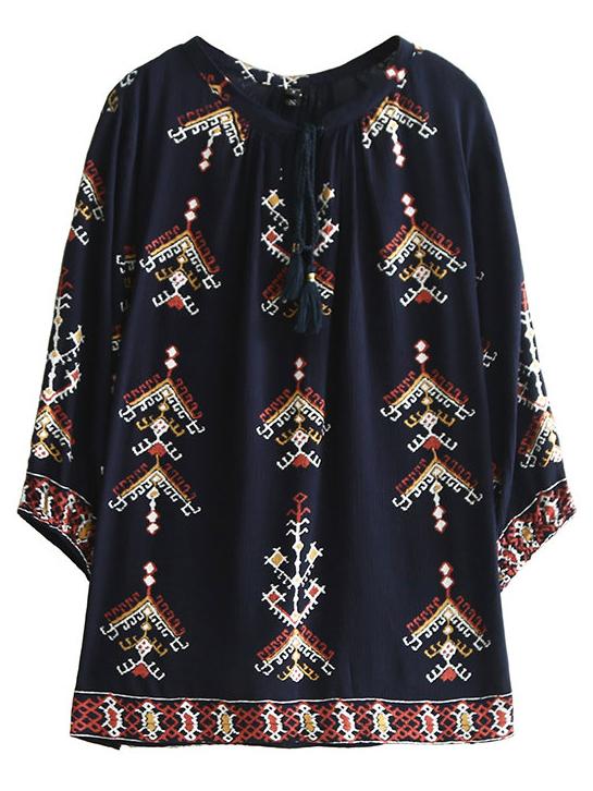 Romwe Navy Tie Neck Split Side Embroidery Blouse